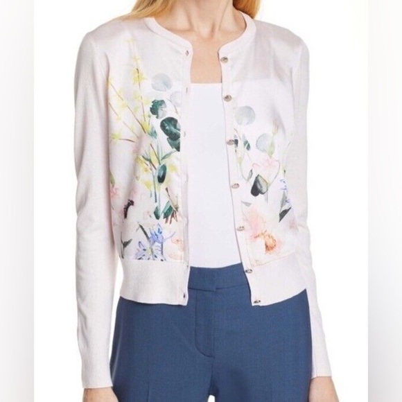 Ted Baker Sweaters - TED BAKER Mixed Media Silky Front Floral Pale Pink Cardigan Sweater Sz 1 (0-2)